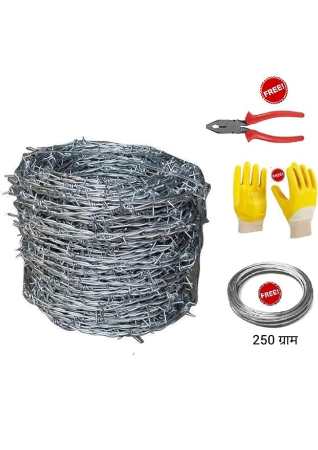 Barbed Metal Wire for Fencing with Free Plier, G.I. Wire and Safety Gloves, Barbed Wire for Fencing Kanta taar for Fence Poles Trees Antennae Wire with Hook (14 Gauge Wire) (2000 FEET Lenght)