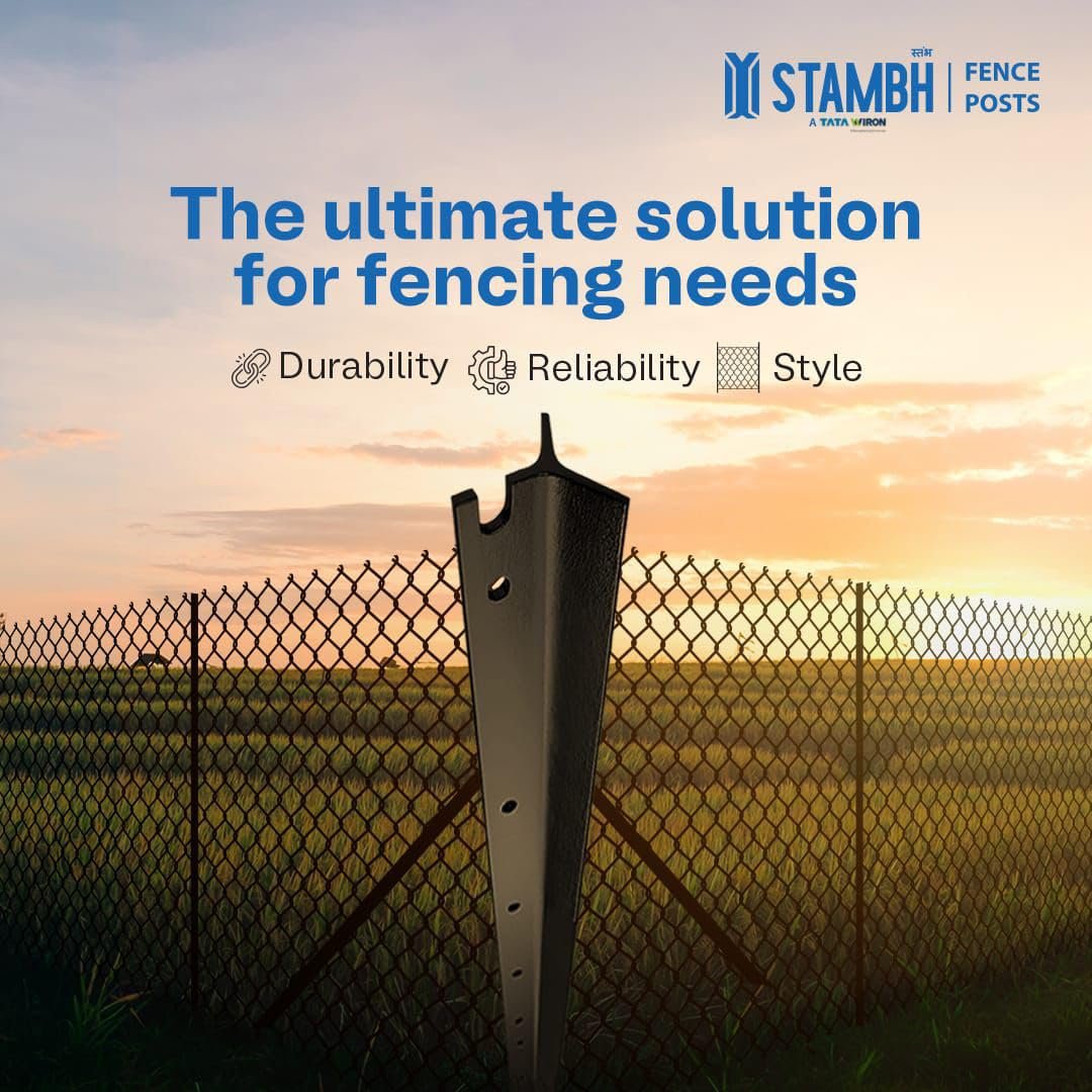 TATA Wiron Fencing Poles | Durable Mild Steel Bitumen Coated Y Design | Farm, Garden, Agricultural & Boundary Fence | Heavy Duty Black Metal Pole 8 Feet Height, (Pack of 5)  - Back View