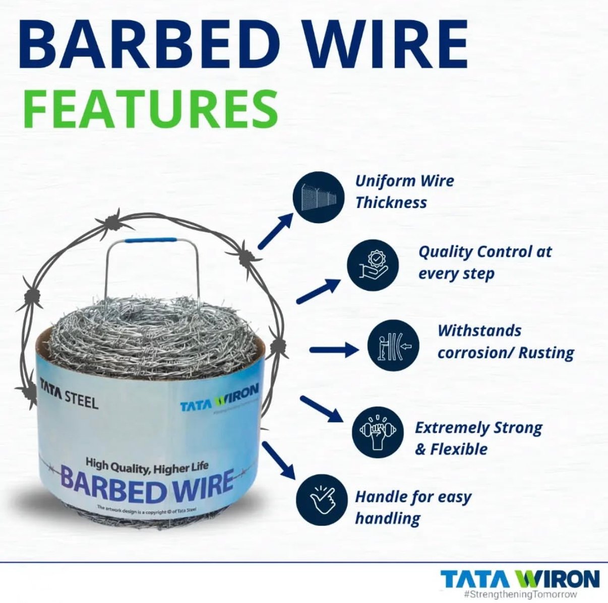 TATA WIRON Barbed Wire for Fencing – 14 Gauge, 2MM Thickness, Alloy Steel Wire with handle, Rust-Resistant, Heavy Duty for Farm, Boundary & Security Fencing, (Length 1000 Feet)